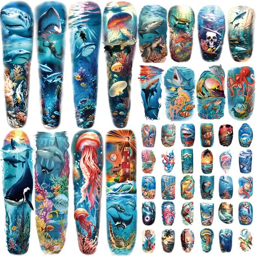 46 Sheets Temporary Tattoo for Men Women, 8 Full Arm Shark Dolphin Fake Tattoos, 8 Half Arm Ocean...
