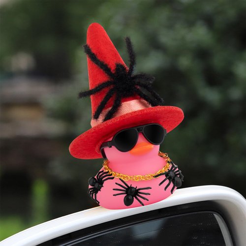 wonuu Car Dashboard Decorations Spiders Witch Rubber Ducks for Halloween, Duck for Office Desk Ornament Accessories with Hat, Glasses, Chain, Plush and Plastic Spider, Pink