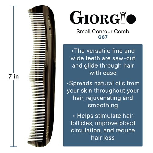 Giorgio G67 Contour Comb - 7" Fine Tooth Comb and Wide Tooth Comb for Thick and Thin Hair Styling - Hair Combs for Men, Combs for Women, and Kids - Saw Cut Barber Comb Handmade Hair Comb for Hair Care