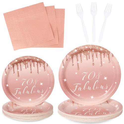 DECORLIFE 96 Pcs 70th Birthday Decorations for Women, Rose Gold 70th Birthday Plates and Napkins Party Supplies Serves 24, Forks Included