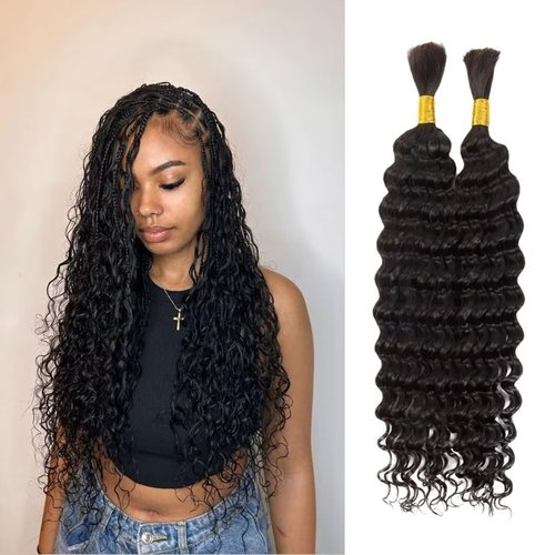 Deep Wave Bulk Human Hair for Braiding 100% Unprocessed Brazilian Virgin Human Hair Micro Braiding Hair No Weft Human Hair Extensions 2Bundles(Natural Black#,20inch)
