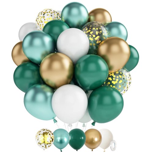 60 Pcs 12" Green Gold White Latex Balloons for Party Boys and Girls Birthday Party Supplies (Green/Gold/White)