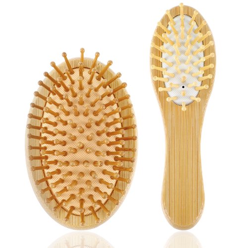 Tyqour 2Pcs Bamboo Hair Brush Mini Travel Hairbrush Wooden Brush for Massaging Scalp for Women Men Thick/Thin/Curly/Dry Hair Gift