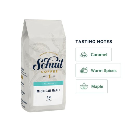Schuil Whole Bean Coffee, Fair Trade, Premium Medium Roasted Gourmet Whole Coffee Beans (Michigan Maple, 12 Ounce Bag) - Small Batch Coffee Beans, Smooth and Full Bodied, Light Roast, Specialty Coffee