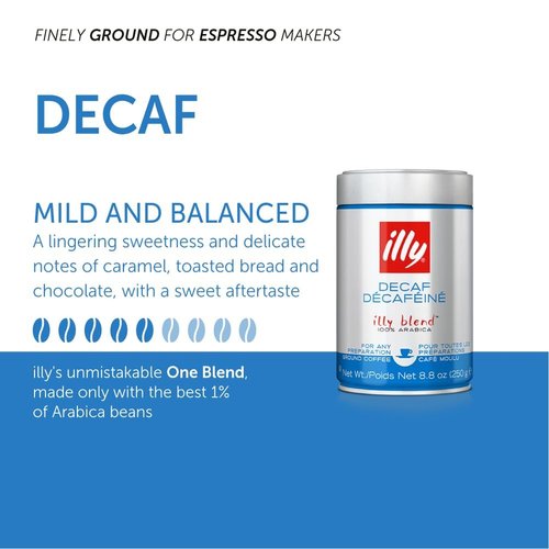Illy decaffeinated ground coffee, 8.8oz can.