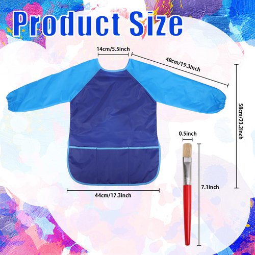 PLMMOUT 6 Pack Kids Art Smocks,Toddler Art Smock,Kids Painting Apron Long Sleeve with 3 Pockets,Waterproof Toddler Painting Smock,Toddler Smocks for Painting (3 Colors,Included 8 Paint Brushes)