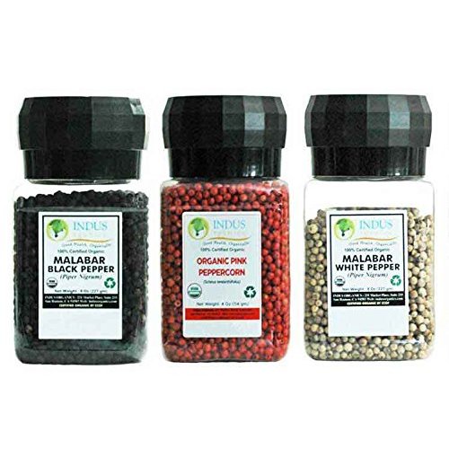 Indus Organics Black Peppercorns (8 Oz), White Peppercorns (8 Oz), Pink Peppercorns (4 Oz), Combo Pack (1x3 Jars of Grinder), Premium Grade, High Purity, Freshly Packed