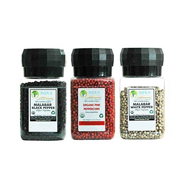 Indus Organics Black Peppercorns (8 Oz), White Peppercorns (8 Oz), Pink Peppercorns (4 Oz), Combo Pack (1x3 Jars of Grinder), Premium Grade, High Purity, Freshly Packed