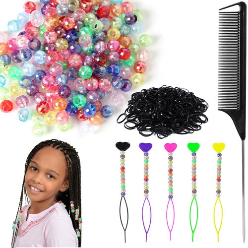 406pcs Hair Beads Set for Braids for Girls Including 200pcs Hair Beads for Kids Hair Braids,5pcs Quick Beader for Hair Braids,200pcs Elastic Rubber Bands and 1Pc Rat Tail Comb