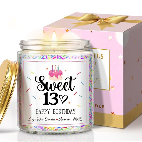 13th Birthday Gifts for Girls, Happy 13th Birthday Candle with Sprinkles, Unique 13th Birthday Gifts for Her Sister Best Friends Daughter Bestie Turning 13 Birthday Present
