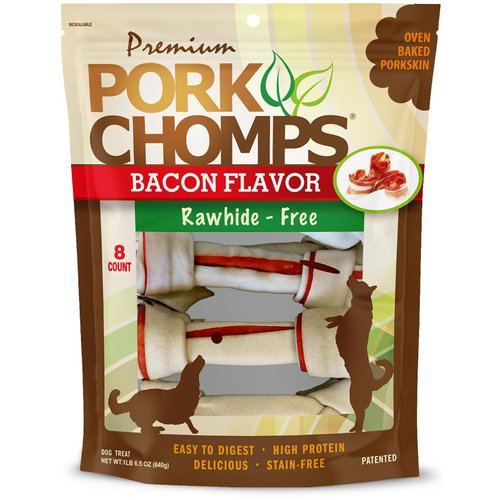 Pork Chomps Baked Pork Skin Dog Chews, 6-inch Knots, Bacon Flavor Strip, 8 Count