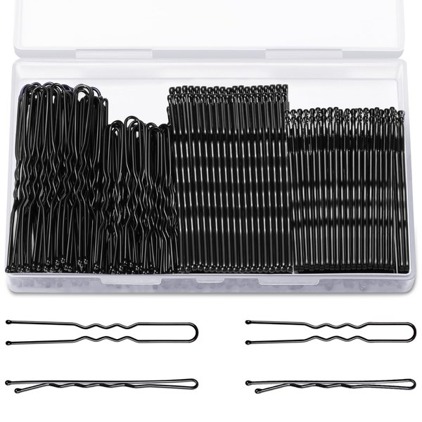 TsMADDTs Bobby Pins Hair Pins Kit, 200PCS Bobby Pins Black and U Hair Pins for Women, Black Hair Pins for Buns with Box, 2.4 Inch and 2 Inch