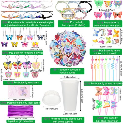 Ecally 211 Pcs Butterfly Party Favors for Girls with Butterfly Keychain Hairpins Stickers Bracelet Ring Necklace Tattoo Reusable Straws Plastic Cups with Dome Lids Tag for Kids Fairy Birthday Gift
