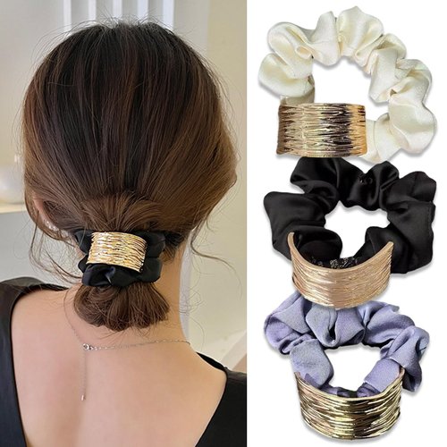 3Pcs Hair Ties Metal Oversized Soft Elastic Hair Scrunchies Ponytail Holder Decorations for Women and Girls Birthday Party Wedding Hair Style Accessories (Black, White, Purple)