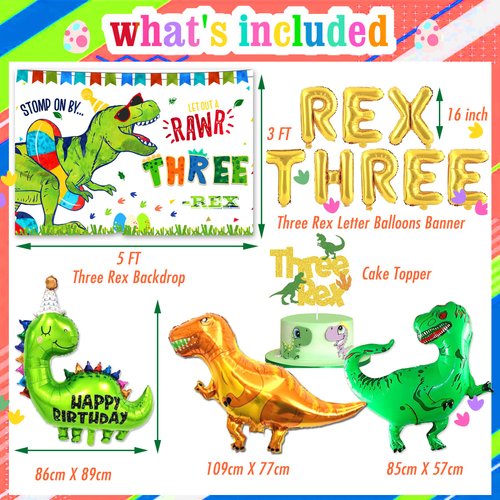 Three Rex Birthday Party Decorations Boy, Dinosaur 3rd Birthday Party Decorations Supplies,3 Rex Birthday Party with 3 Rex Birthday Backdrop Dinosaur Balloons Kit for 3rd Birthday Decorations for Boys