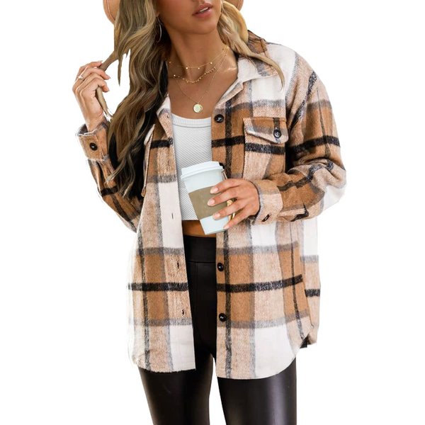 AUTOMET Womens Fall Outfits Fashion Clothes Shackets Flannel Plaid Button Down Long Sleeve Shirts Jackets 2024 Apricot L