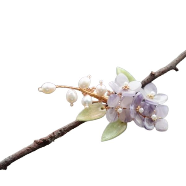 SmilePunk Chinese Hanfu Flower Hair Clip Hair Sticks Pins Brooch Breastpin Chignon Shell Pearl wedding Women Girls (green leaf white flower)