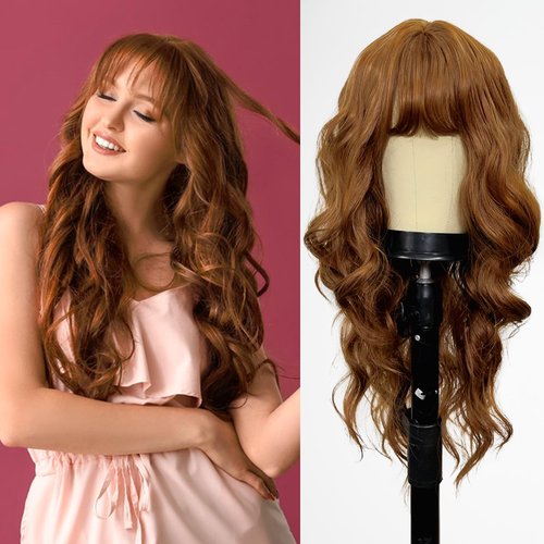 Romantic Angels Auburn Wig with Bangs for Women Long Wavy Natural Looking Wigs Synthetic Wigs for Girls Daily Party Use 26 Inches