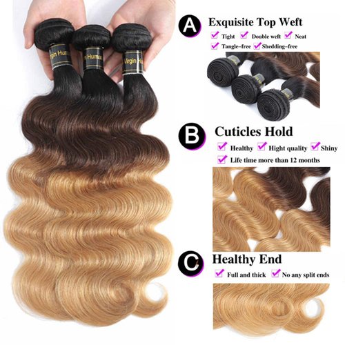 Shining Girl 12A Ombre Body Wave Bundles With Closure Brazilian Virgin Remy 100% Human Hair Ombre 3 Tone T1B/4/27 Color Human Hair Extensions 3 Bundles with 4x4 Lace Closure (14 16 18+12, 1B#/4#/27#)