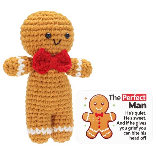 A AIFAMY Positive Gingerbread Doll Funny Handmade Crochet Christmas Stuffed Animals with Affirmation Card for Christmas Decor Gag Gift