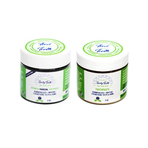 Lucky Teeth Organic Toothpaste- Mixed -Charcoal + Regular (White) -All Natural, Remineralizes and Fortifies Teeth and Gums. (2 Bottles) (2 OZ PET Plastic)