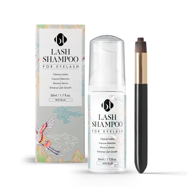 BL Lashes Eyelash Shampoo+ Brush, Eyelid Foaming Cleanser for Natural and Extension Lashes, Gentle Lash Bath and Makeup Remover for Salon and Home (50ml)