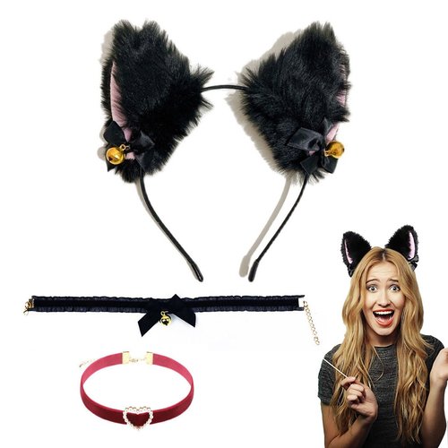 Lizihengpi Cat ears headband women lace bell collar headbands for girls party headwear accessory role play outfits sexy animal hair band