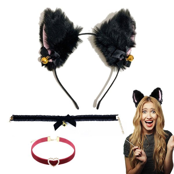 Lizihengpi Cat ears headband women lace bell collar headbands for girls party headwear accessory role play outfits sexy animal hair band