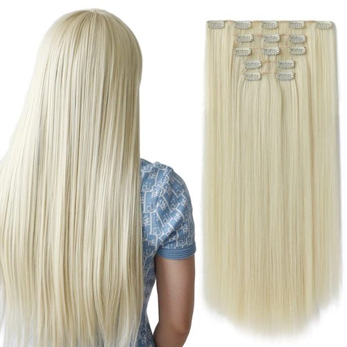 HSPJHTM Bleach Blonde Hair Extensions Clip in Hair Extension for Women Halloween 5 Pieces 22" Synthetic Long Straight Natural Thick Hair Pieces for Girls Cheap Full Head