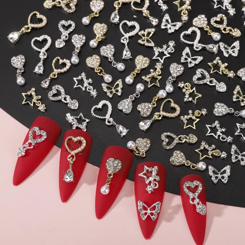 BJRSPGLS 40Pcs Heart Dangle Nail Charms Nail Rhinestones and Gems,Silver Gold Nail Jewels Charms Diamonds Stones for Nail Art,Valentines Love Star Dangling Nail Jewelry For Nails Design Variety
