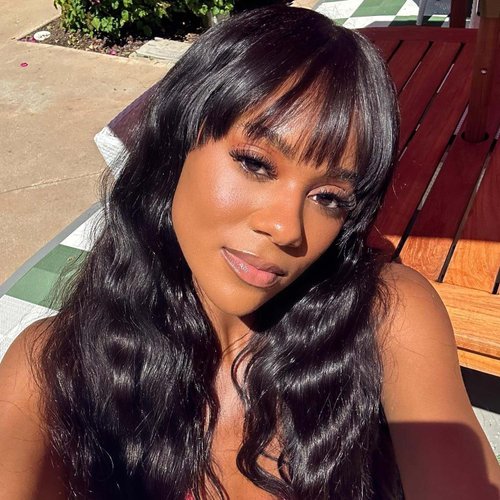 Lady Hanne Human Hair Wigs Natural Wave Human Hair Wig with Bangs for Black Women 14 inches None ...