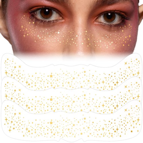 SmallCat 3 Sheets Glitter Freckles Face Tattoo Stickers, Star Glitter Makeup for Women, Waterproof Sparkle Gold freckles, Faux Temporary Freckles for Face Body for Christmas Festival Parties - Gold