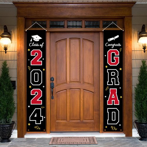 2024 Graduation Banner Decorations - Porch Sign Set Red White Black Welcome Door Décor Party Favors Supplies For Indoor Outdoor