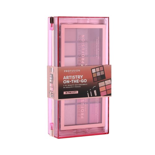 Profusion Cosmetics Artistry On The Go Makeup Kit, 9 Shade Eyeshadow and 6 Shade Face Palettes, 2 Eyeshadow and 1 Face Brush, 1 Face and Eye Primer (In The City, 1)