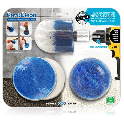 RevoClean 4 Piece Scrub Brush Power Drill Attachments-All Purpose Time Saving Kit-Perfect for Cleaning Grout, Tile, Counter, Shower, Grill, Floor, Kitchen, Blue & White