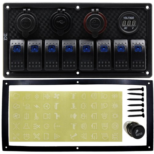 FXC 12V 24V Blue LED ON/Off Marine Multi Function Switch Panel Waterproof 8 Gang Rocker Switch Panel for Boat Car Truck Rv Toggle Switches Panel with Circuit Breaker Dual USB Charger Voltmeter