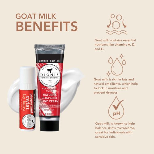 Dionis Goat Milk Skincare Peppermint Twist Scented Hand Cream & Lip Balm Set (1 oz and .28 oz) - Safe For Sensitive Skin, Soothes Chapped Lips and Dry Skin, Cruelty-free and Paraben-free