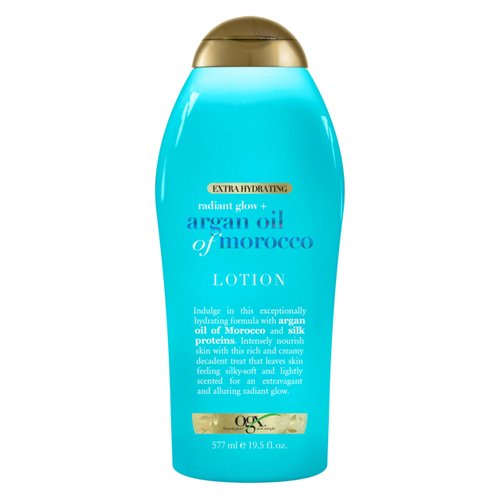 OGX Radiant Glow + Argan Oil of Morocco Extra Hydrating Body Lotion for Dry Skin, Nourishing Creamy Body & Hand Cream for Silky Soft Skin, Paraben-Free, Sulfated-Surfactants Free, 19.5 fl oz
