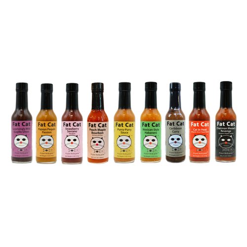 Hot Sauce Variety Pack by Fat Cat Gourmet | 9 Bottle Bundle | Mild to Very Hot Sampler & Gift Set | Natural, Gluten-Free | Habanero | Serrano | Ghost Pepper | Scorpion | Great Gift for Foodies, Men, Women, Pet Lovers
