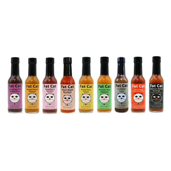 Hot Sauce Variety Pack by Fat Cat Gourmet | 9 Bottle Bundle | Mild to Very Hot Sampler & Gift Set | Natural, Gluten-Free | Habanero | Serrano | Ghost Pepper | Scorpion | Great Gift for Foodies, Men, Women, Pet Lovers