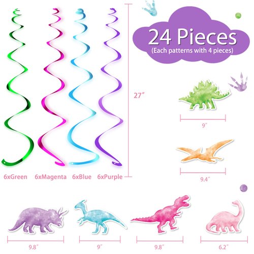 WERNNSAI Watercolor Dinosaur Party Hanging Swirl - 24Pcs Dinosaur Party Decorations for Girls Kids Birthday Baby Shower Foil Whirls Ceiling Streamers Spirals Dino Theme Party Supplies