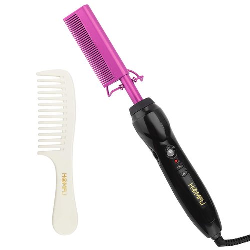 Homfu Electric Hot Comb for Straightening and Curling Hair - Ceramic Flat Iron Designed for Natural Black Hair - Anti-Scald Beard Straightening Comb