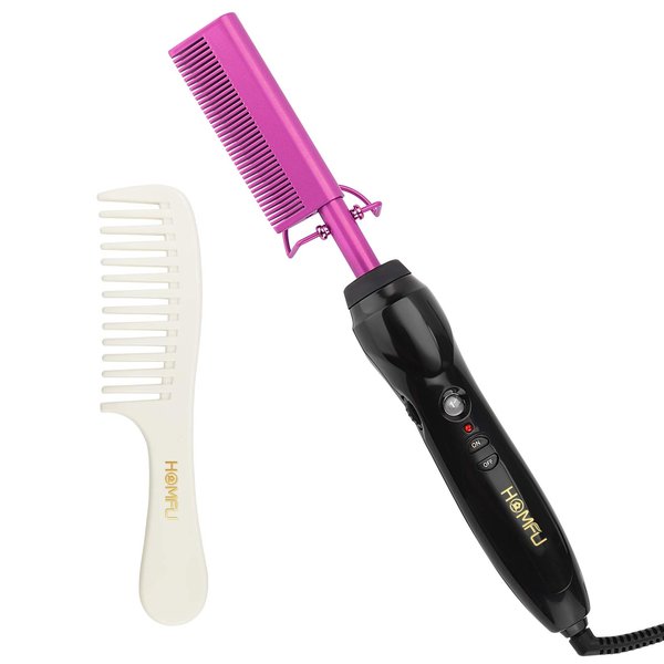 Homfu Electric Hot Comb for Straightening and Curling Hair - Ceramic Flat Iron Designed for Natural Black Hair - Anti-Scald Beard Straightening Comb