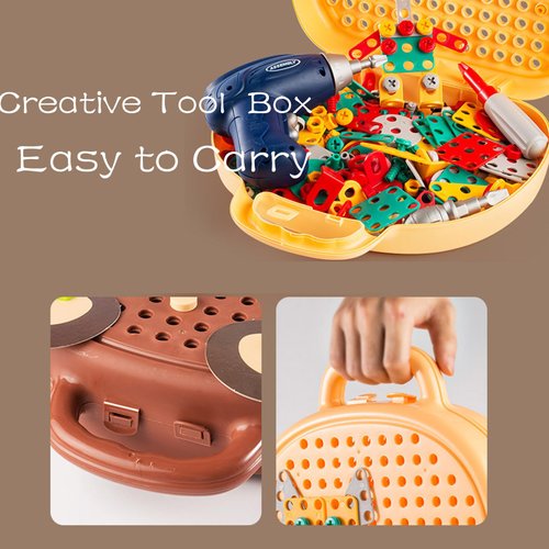 OFIGAS Magic Montessori Play Toolbox, Magic Montessori Play Toolbox Bear, 204 PCS Creative Mosaic Puzzle Toy with Electric Drill Screw Tool Set, Creative Puzzle Toy Montessori Play Toolbox with Drill