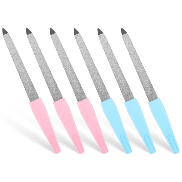 Giantree 6 Pack Metal Nail Files, Double Head Nail Files for Natural Nails Stainless Steel Nail Files with Sharp Pointed Tip Non Slip Handle, Double Sided Sapphire Grit Nail Filer(Pink + Green)