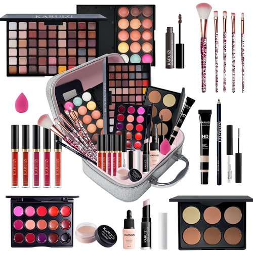 KARUIZI All in One Makeup Kit,Makeup Kit for Women, Teens and Girls, All-in-One Set with Eyeshadow Palettes, Lipsticks, Brushes, Storage Bag,Makeup gift set girls makeup sets ages 8-12 (Silver)