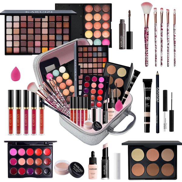 KARUIZI All in One Makeup Kit,Makeup Kit for Women, Teens and Girls, All-in-One Set with Eyeshadow Palettes, Lipsticks, Brushes, Storage Bag,Makeup gift set girls makeup sets ages 8-12 (Silver)