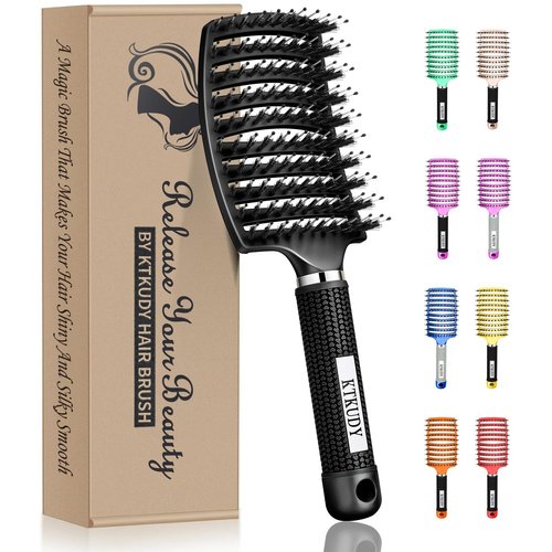 KTKUDY Detangling Brush Boar Bristles Hair Brush Make Hair Shiny & Healthier Curved and Vented Detangler Brush for Women Men Kids Wet & Dry Hair (Black)