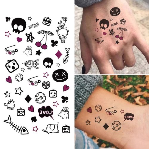 Oottati 2 Sheets Small Tiny Temporary Tattoo Stickers Finger Cute Black Skull Cherry Star Pin Elephant Fish Bone Heart