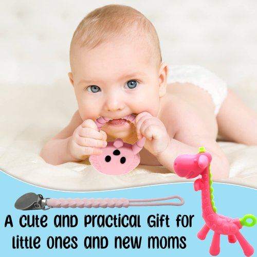 Baby Teething Toy Set - Includes Pink Pacifier Clip, Giraffe Teether & Bear Teether - Silicone Chew Toys for Infants Newborns - BPA Free Freezer Safe